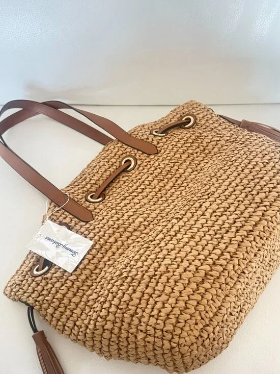 NWT TOMMY BAHAMA STRAW WOVEN TOTE SHOULDER BAG NATURAL BROWN - Picture 5 of 6